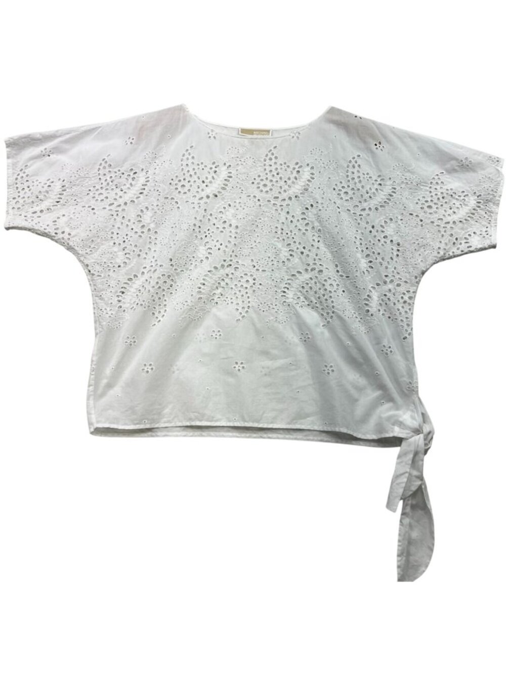 Michael Kors Women's Embroidery Eyelet Crop Top Short Sleeve Side Tie Sz M White